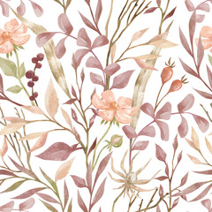 Materiał do szycia Watercolor seamless pattern with red leaves and brunches, feather, berries and meadow flowers. Delicate feminine background. Wildflower botanical print