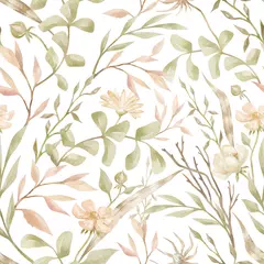 Wallpaper murals White Watercolor seamless pattern with green leaves and brunches, feather and meadow flowers. Delicate feminine background. Wildflower botanical print