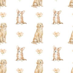 Watercolor seamless pattern with cute domestic dog. Welsh corgi and golden retriever dogs, flowers. Cute nursery background for children textile, print, cover,wallpaper