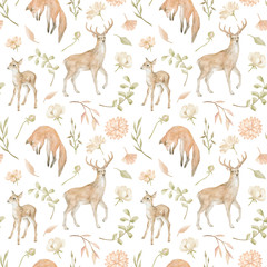 Watercolor seamless pattern with wild forest animal. Sika deers and fox, leaves and flowers. Cute wildlife forest background for baby textile, wallpaper, print