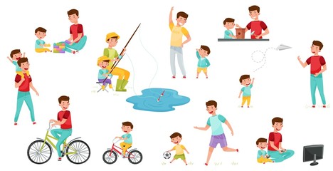 Loving Father and His Son Fishing, Playing Football, Cycling and Walking Vector Illustration Set