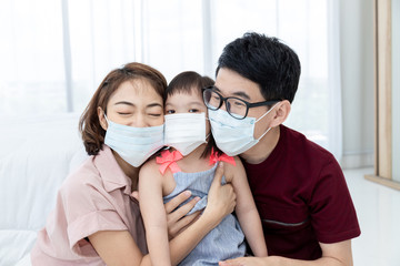 The Asian Family wore a face mask. a healthcare concept.