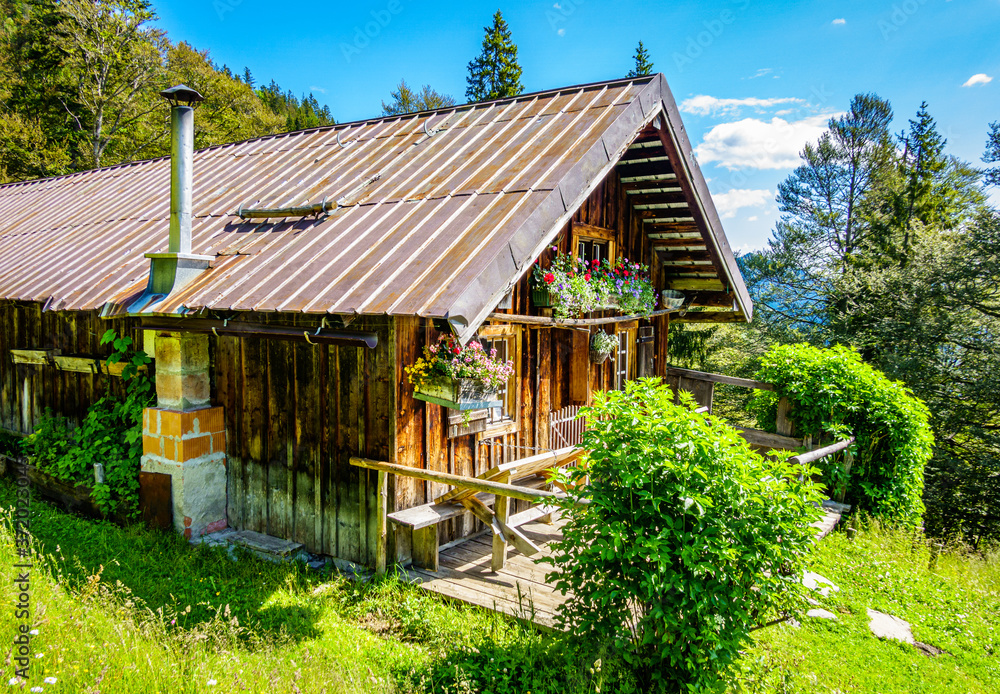 Poster old farmhouse at the european alps