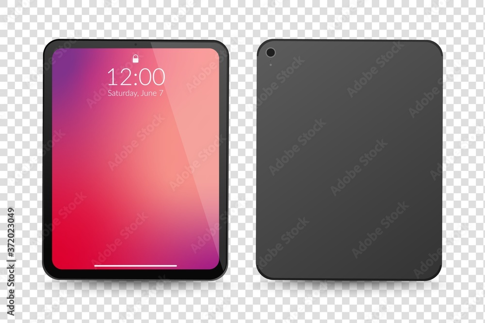 Fototapete tablet computer front and back side. vector realistic mock up. vertical empty gadget screen with sha