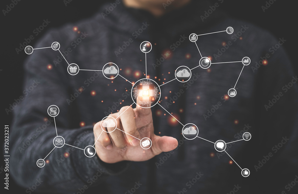 Poster hand touching to virtual artificial intelligence with cloud technology transformation . cloud techno
