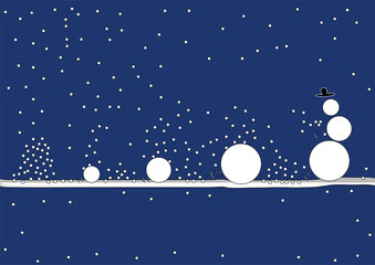 Christmas theme with snowflakes and snowballs, shaky snowman, cartoon style, dark blue background