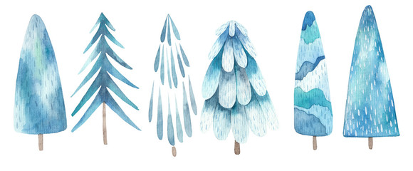 set of decorative Christmas trees watercolor illustration, decor of children's rooms, printing printing