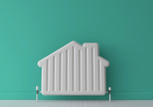 Heating radiator in the shape of a house. Home energy. 3D Rendering