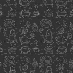 Cotton fabric seamless pattern of hand drawn Doodle chalk tea cake set on a black background. Vector image