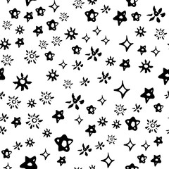 Abstract seamless pattern with Brush Strokes geometric star elements. Beautiful modern texture with chaotic painted shapes. Monochrome background for your design.