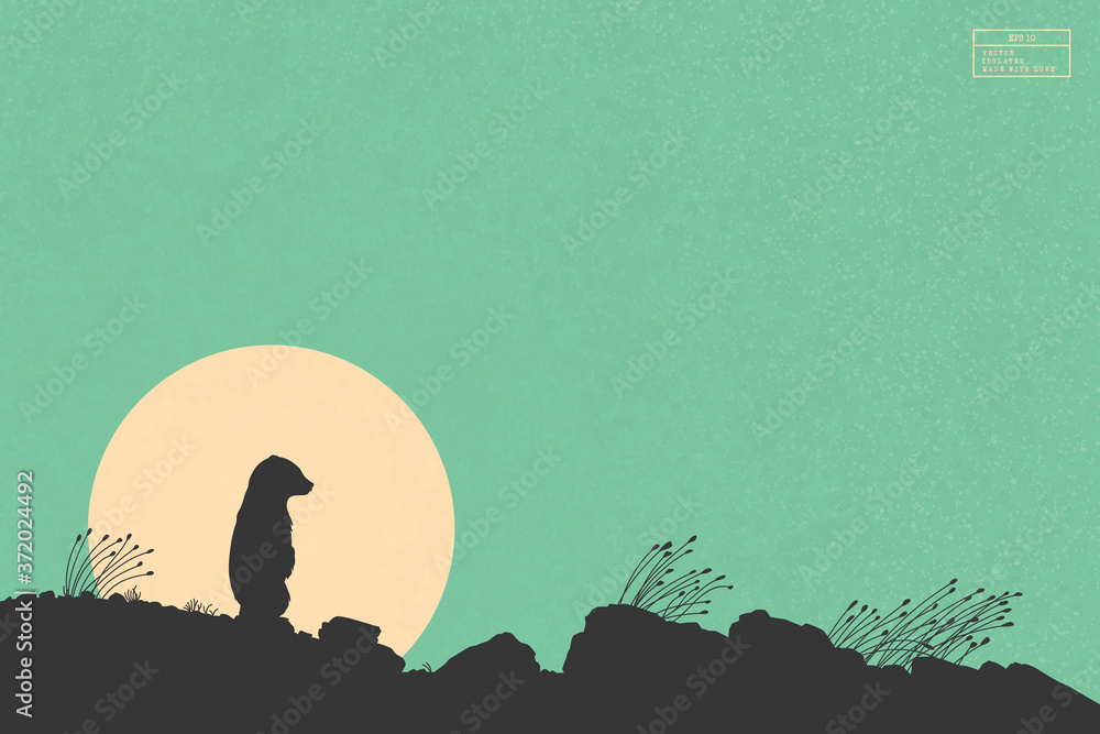 Sticker lonely little bear on rocky ground. baby animal isolated silhouette and yellow sun on green texture 