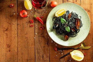  Black pasta with seafood on a plate and wooden background, free space for text