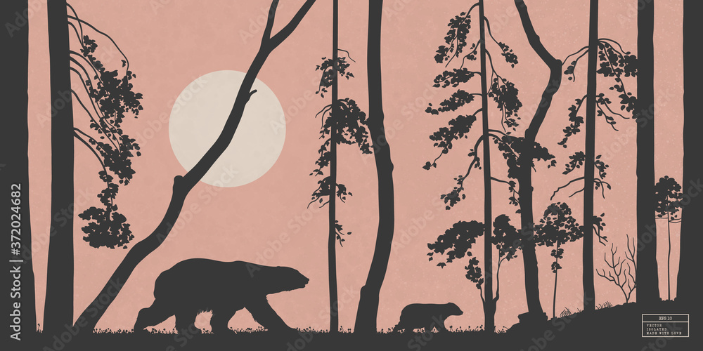 Sticker bears family walking in mixed forest. animal mother and baby isolated silhouettes between trees. whi