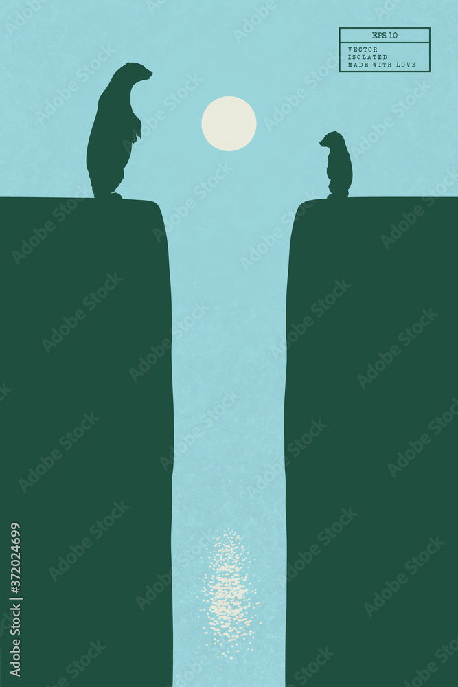 Sticker polar bears family on cracked iceberg. animal mother and baby isolated silhouettes on edge of cliff.