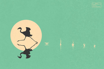 Lonely flamingo running on lake. Elegant bird isolated silhouette and splashes on water. Yellow sun on green texture background. Vector illustration for use in polygraphy, textile, design, decor © arvitalya