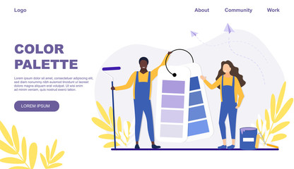 Vector illustration of color palette. Two happy painters demonstrating color palette