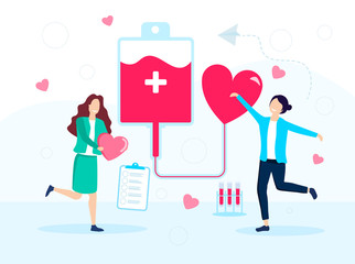 Healthcare concept of blood donation. Vector illustration with two happy women donors or volunteers