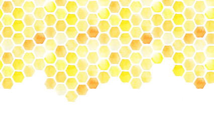 seamless background, honeycomb border. yellow honeycomb watercolor hand drawing. isolated on white background. pattern for design, banner, place for an inscription. cute drawing farming, bee - obrazy, fototapety, plakaty