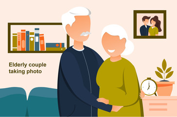 Vector illustration portrait of elderly couple. Happy senior, man and woman hugging each other at home