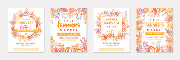 Set of autumn farmers market banners with leaves and floral elements.Local food fest design perfect for prints,flyers,banners,invitations.Fall harvest festival.Vector autumn illustrations.