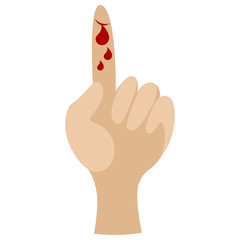Damage to the skin of the hand. Drops of blood dripping. Vector illustration. Isolated white background. Flat style. A cut on the index finger. The person is in pain. Medical topics. Web design idea.