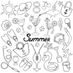 Summertime. Sketch. Beach collection. Vector set of illustrations. Outline on white isolated background. Doodle style. Coloring book for children. Idea for web design, books. Vacation mood. Lettering.