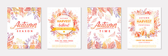 Fototapeta na wymiar Autumn seasonals postes with leaves and floral elements in fall colors.Greetings and harvest fest posters perfect for prints,flyers,banners,invitations.Trendy fall designs.Vector autumn illustrations