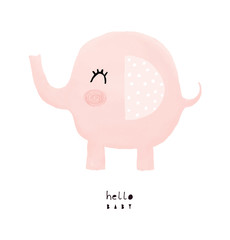 Baby Shower Vector Card. Pink Baby Elephant Isolated on a White Background. Hello Baby. Cute Baby Girl Party Invitation. Kid's Room Decoration.
