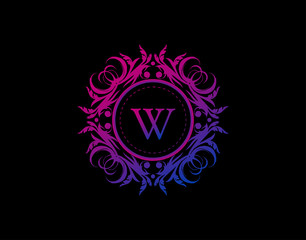 Yoga Art Badge W Letter Logo. Luxury calligraphic emblem with beautiful classy floral ornament. Vintage Heraldic Frame design with blue and magenta color.