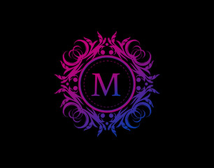 Yoga Art Badge M Letter Logo. Luxury calligraphic emblem with beautiful classy floral ornament. Vintage Heraldic Frame design with blue and magenta color.