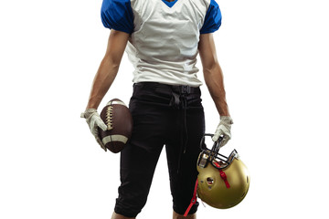 Confident posing. American football player isolated on white studio background with copyspace....