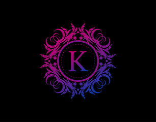 Yoga Art Badge K Letter Logo. Luxury calligraphic emblem with beautiful classy floral ornament. Vintage Heraldic Frame design with blue and magenta color.