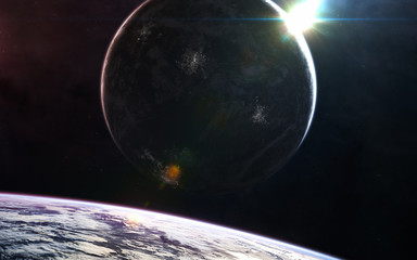 Rising star glow from deep space planet. Science fiction. Elements of this image furnished by NASA