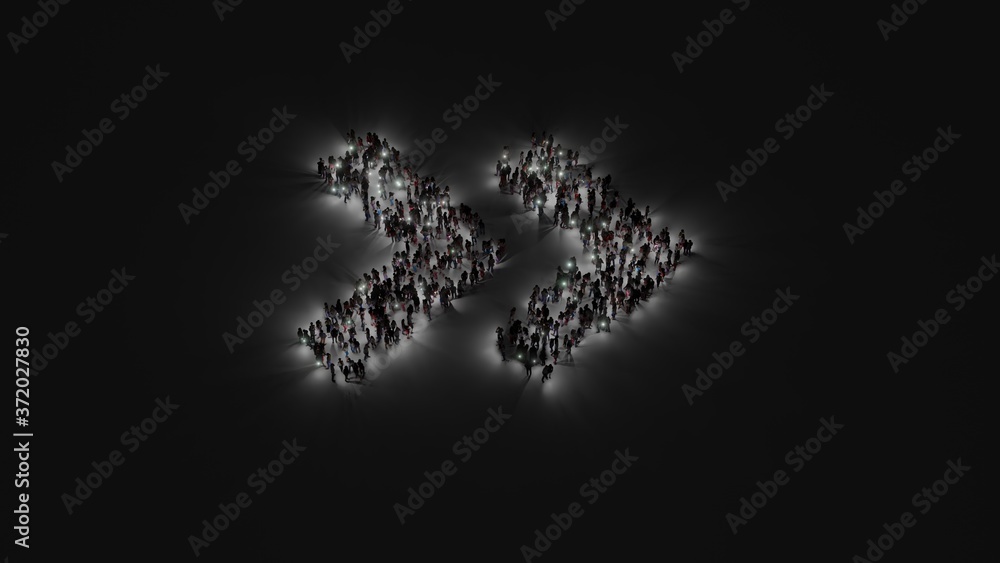 Aufkleber 3d rendering of crowd of people with flashlight in shape of symbol of angle double right on dark bac