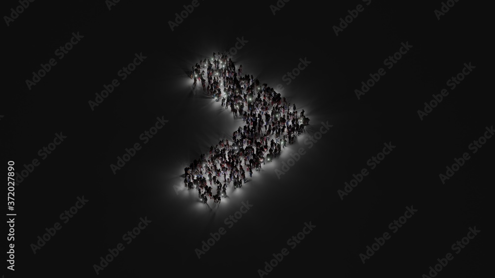 Poster 3d rendering of crowd of people with flashlight in shape of symbol of angle right on dark background