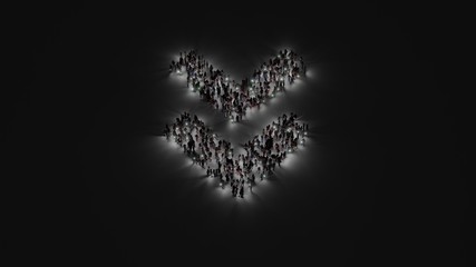 3d rendering of crowd of people with flashlight in shape of symbol of angle double down on dark background