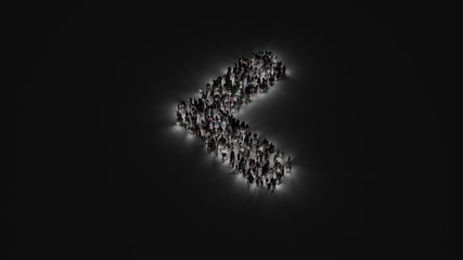 3d rendering of crowd of people with flashlight in shape of symbol of angle left on dark background