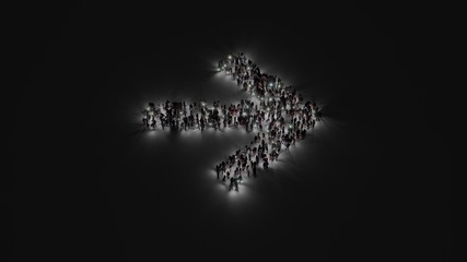 3d rendering of crowd of people with flashlight in shape of symbol of arrow right on dark background