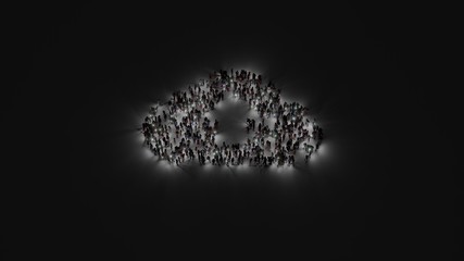 3d rendering of crowd of people with flashlight in shape of symbol of cloud upload on dark background