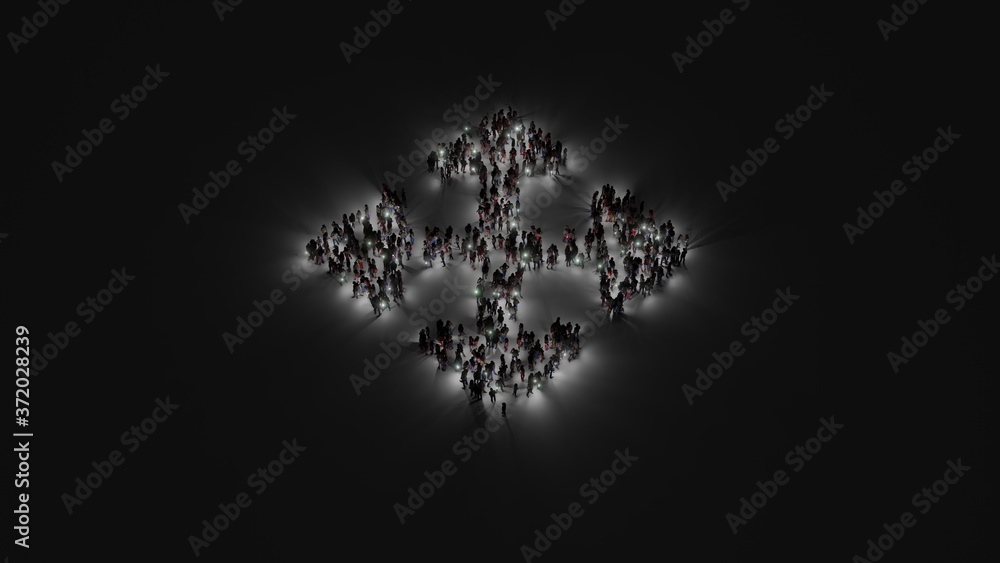 Poster 3d rendering of crowd of people with flashlight in shape of symbol of four direction arrows on dark 