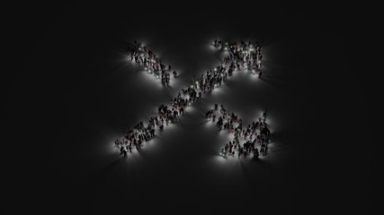 3d rendering of crowd of people with flashlight in shape of symbol of diagonal arrows on dark background