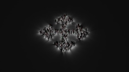 3d rendering of crowd of people with flashlight in shape of symbol of four direction arrows on dark background