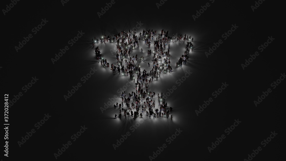 Poster 3d rendering of crowd of people with flashlight in shape of symbol of cup award on dark background