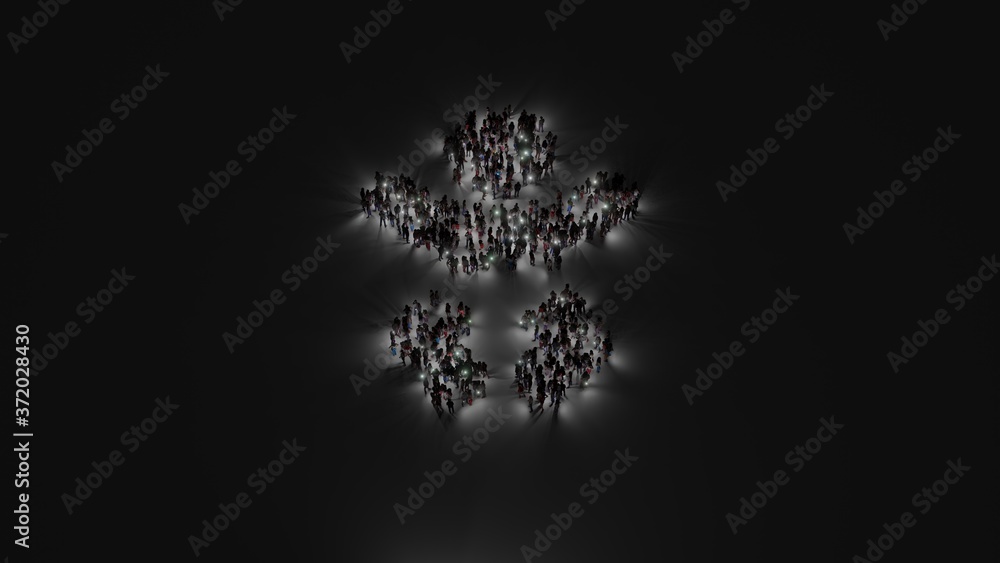 Poster 3d rendering of crowd of people with flashlight in shape of symbol of baby on dark background