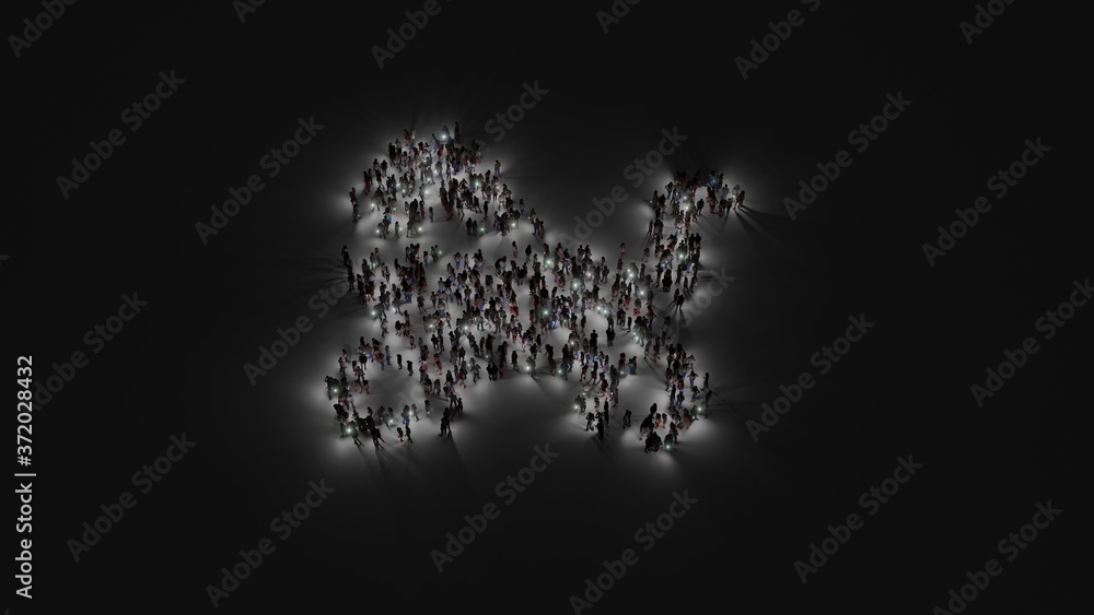 Poster 3d rendering of crowd of people with flashlight in shape of symbol of baby carriage on dark backgrou