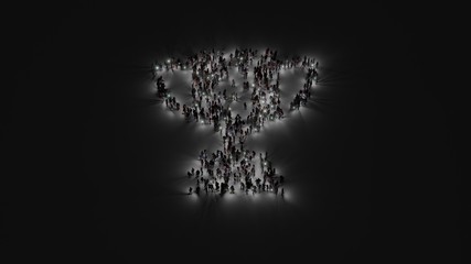 3d rendering of crowd of people with flashlight in shape of symbol of cup award on dark background