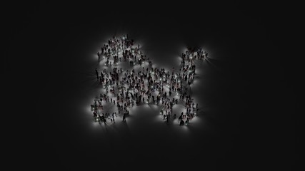 3d rendering of crowd of people with flashlight in shape of symbol of baby carriage on dark background