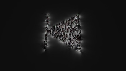 3d rendering of crowd of people with flashlight in shape of symbol of stop back left on dark background