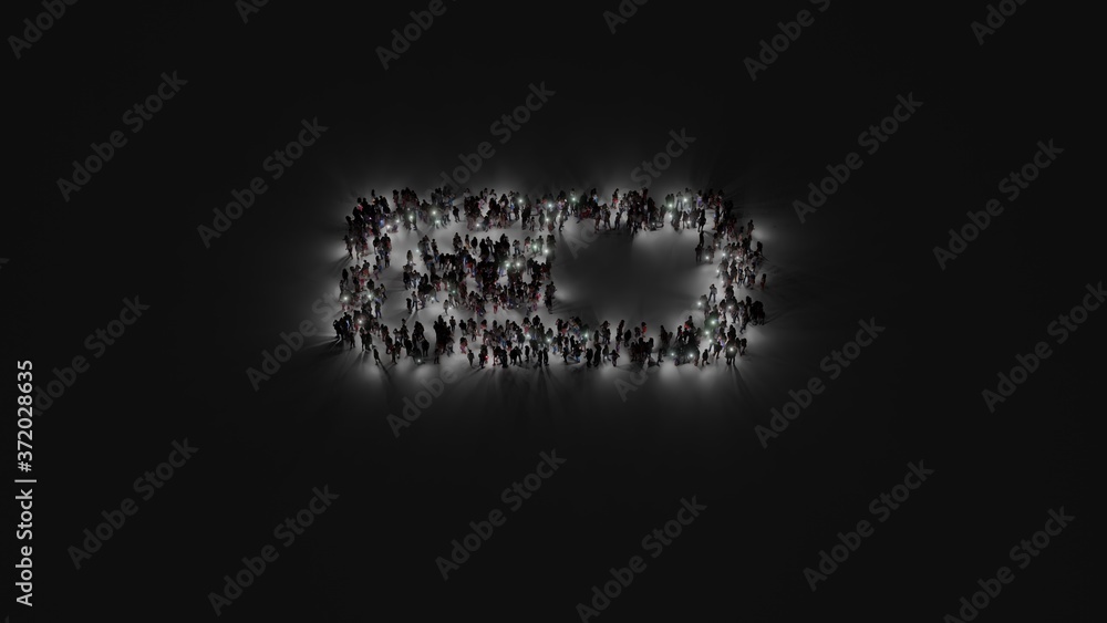 Aufkleber 3d rendering of crowd of people with flashlight in shape of horizontal symbol of battery half on dar