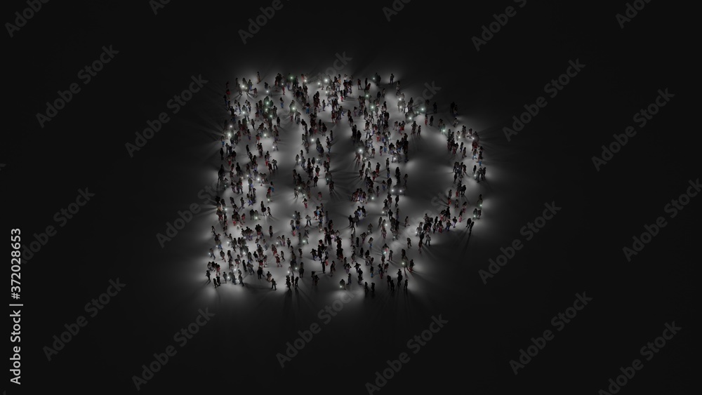 Poster 3d rendering of crowd of people with flashlight in shape of symbol of glass of beer on dark backgrou